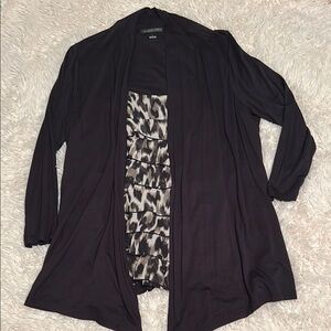 August Silk Black Cardigan with Animal Print faux ruffled top.